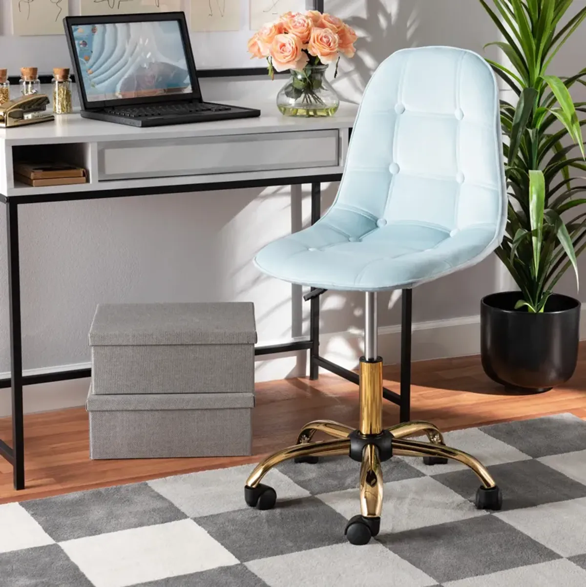 Baxton Studio Kabira and Luxe Grey Velvet Fabric and Gold Metal Swivel Office chair