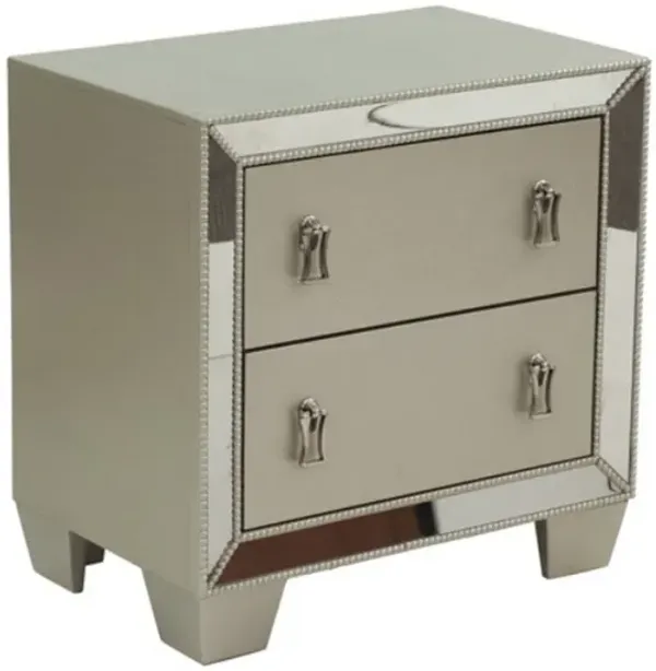 Dem 26 Inch Nightstand with 2 Drawers, Platinum Trim, Silver Wood Finish - Benzara