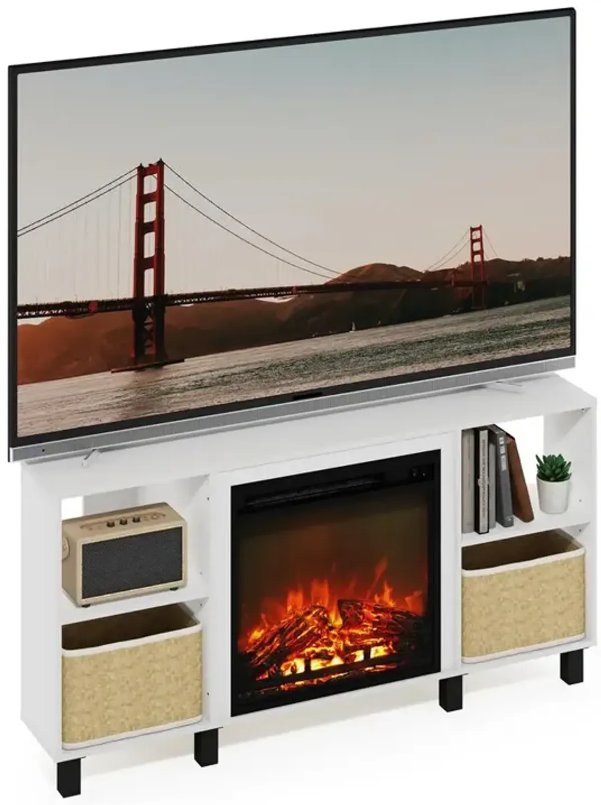 Jensen Corner Fireplace TV Stand with 4 Open Compartments, Solid White