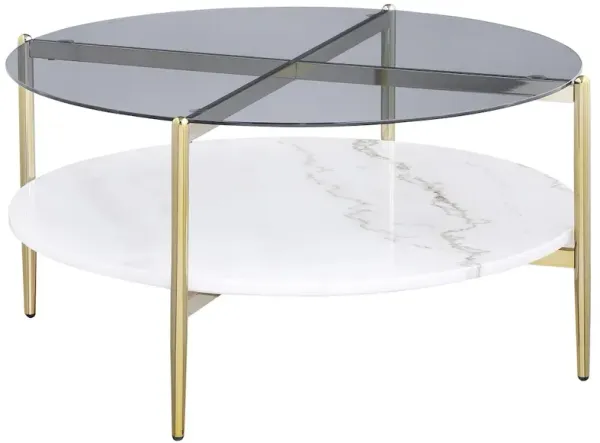 Jonelle Round Glass Top Coffee Table White Marble Shelf Gold