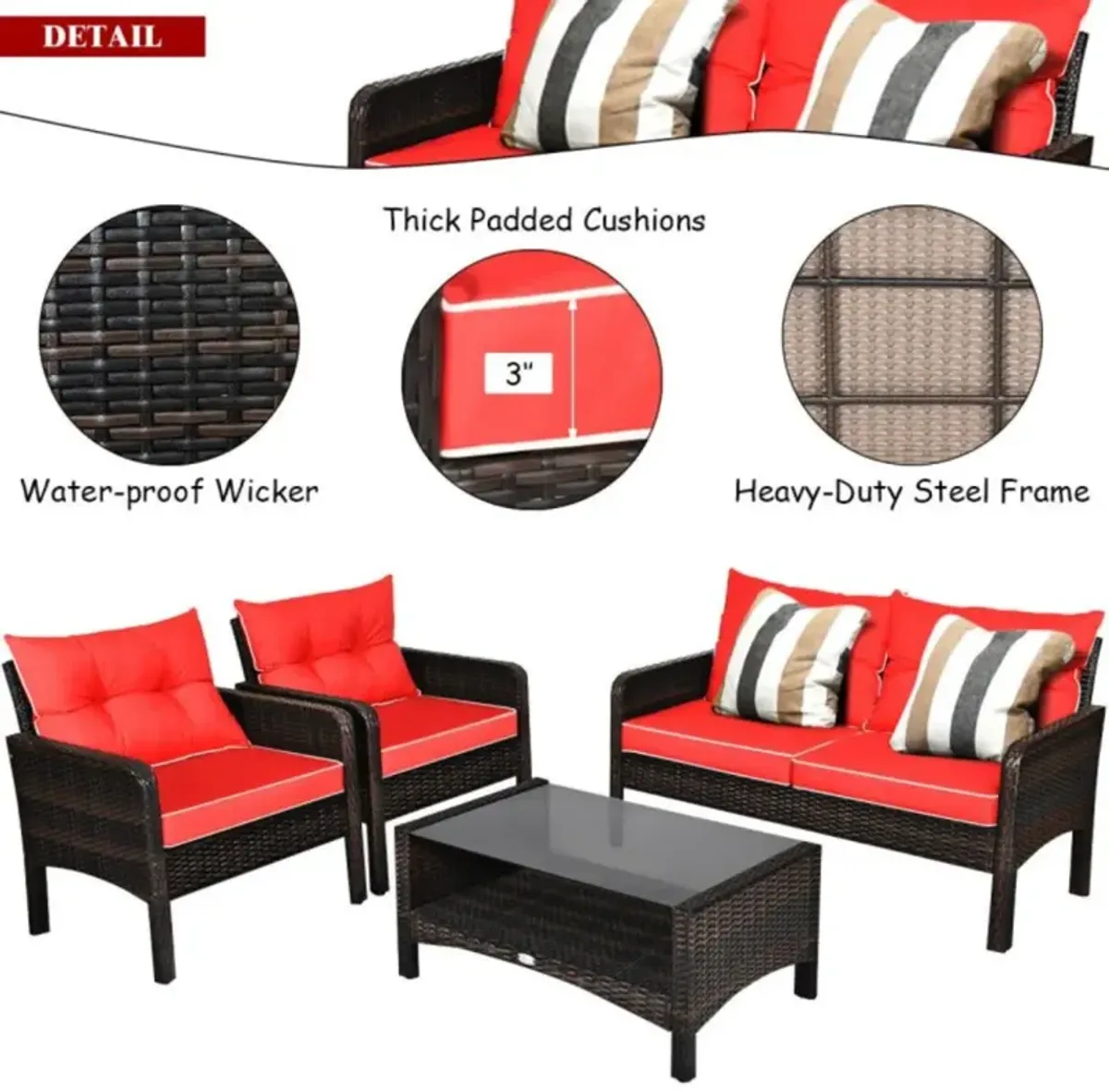 Hivvago 4 Pieces Patio Rattan Sofa Set Free-Combination with Cushion and Coffee Table