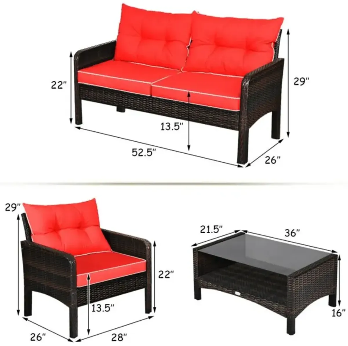 Hivvago 4 Pieces Patio Rattan Sofa Set Free-Combination with Cushion and Coffee Table