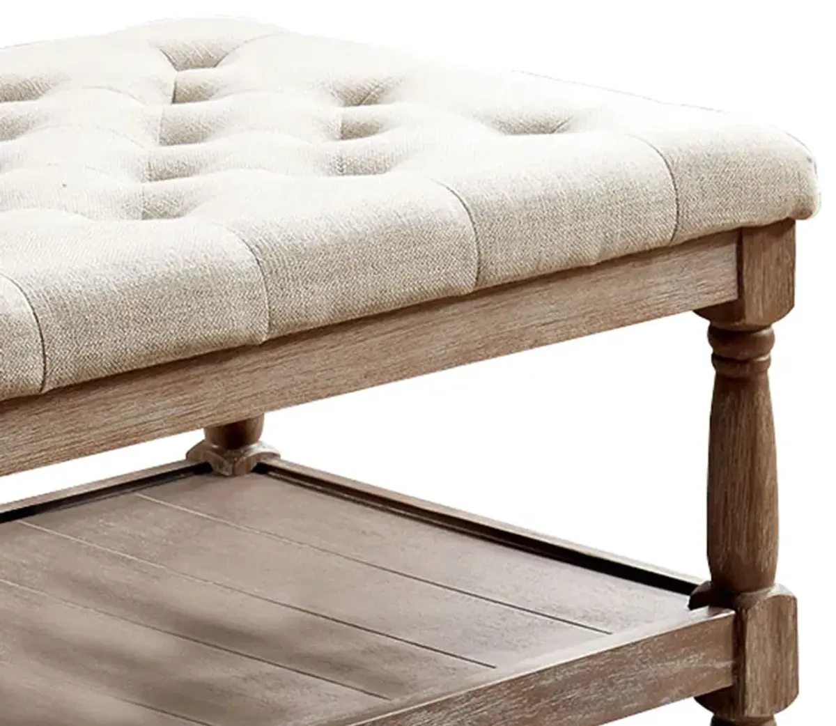 Button Tufted Fabric Upholstered Bench with Bottom Shelf, Beige and Brown-Benzara