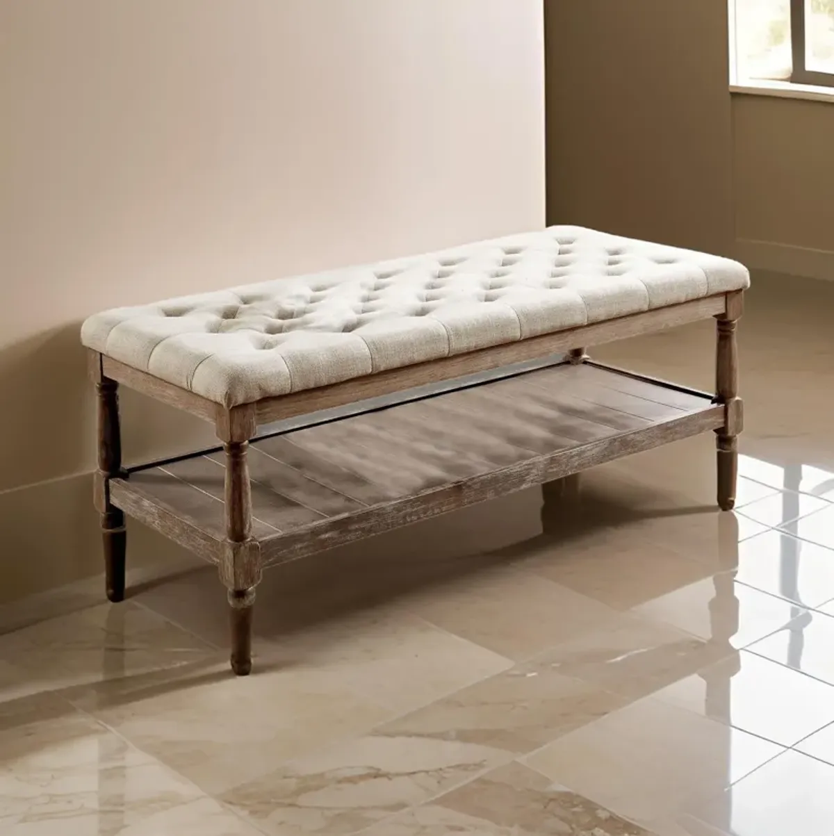 Button Tufted Fabric Upholstered Bench with Bottom Shelf, Beige and Brown-Benzara