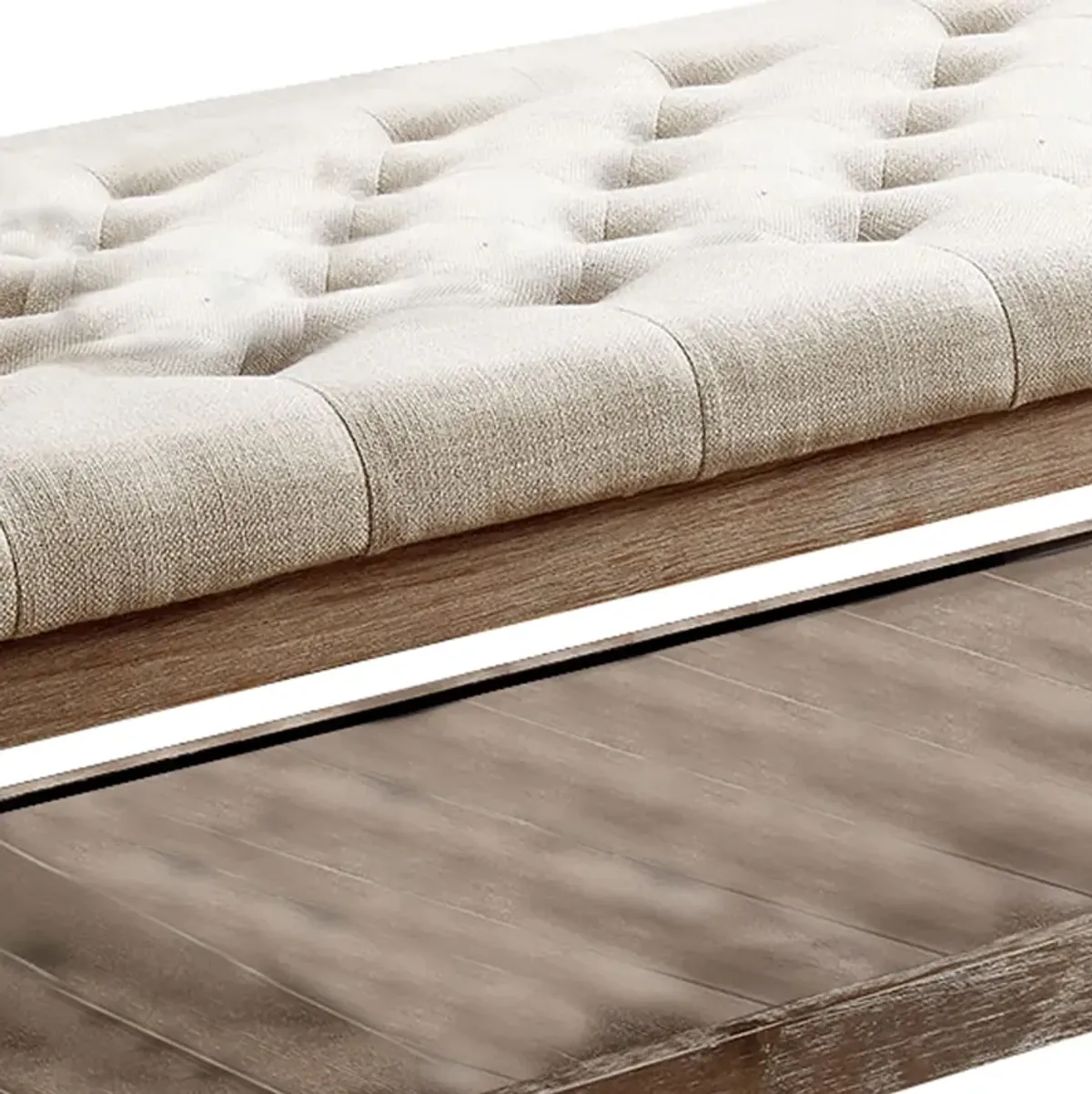 Button Tufted Fabric Upholstered Bench with Bottom Shelf, Beige and Brown-Benzara