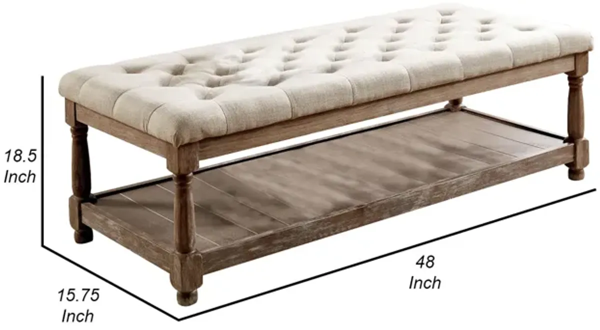 Button Tufted Fabric Upholstered Bench with Bottom Shelf, Beige and Brown-Benzara