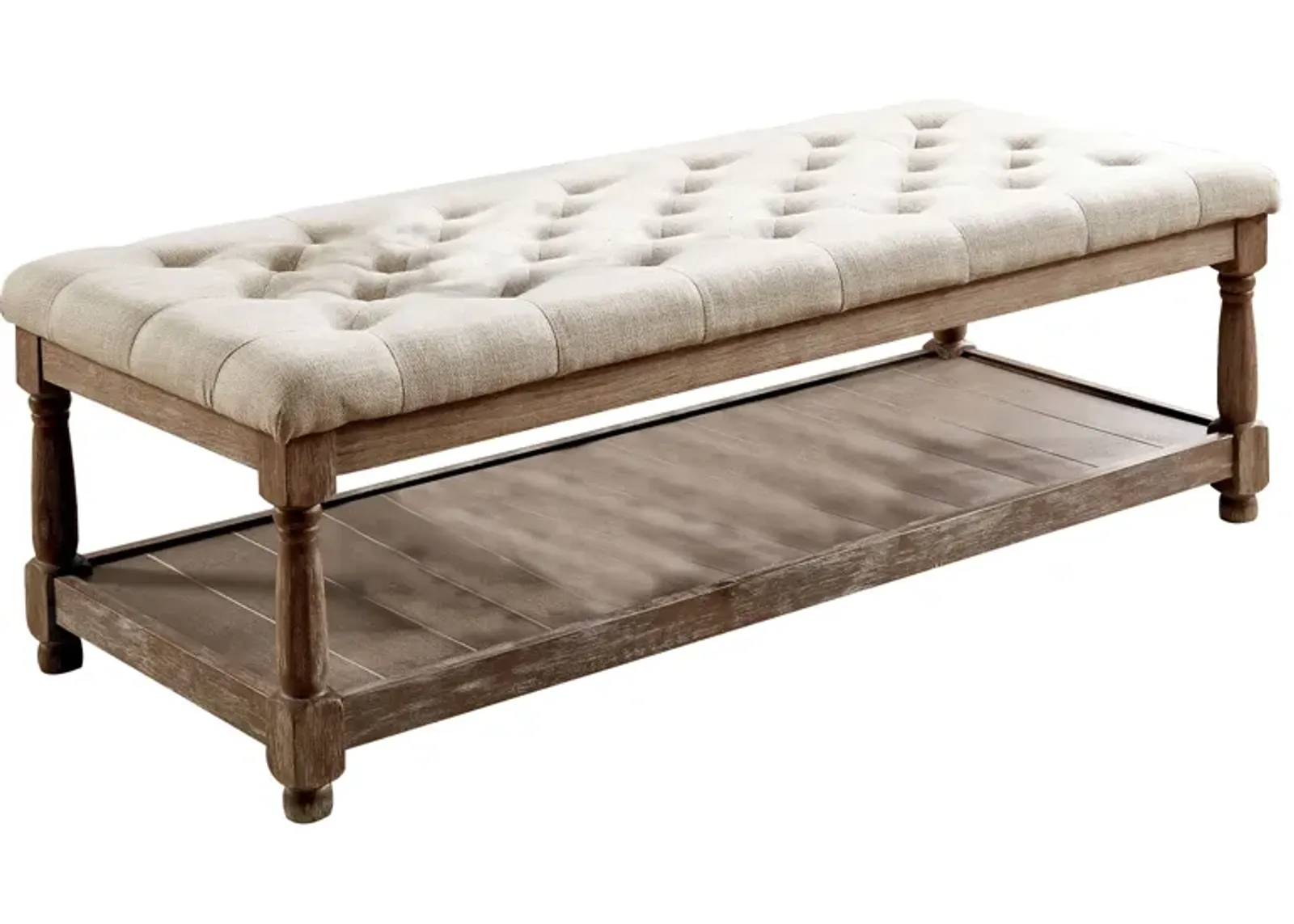 Button Tufted Fabric Upholstered Bench with Bottom Shelf, Beige and Brown-Benzara