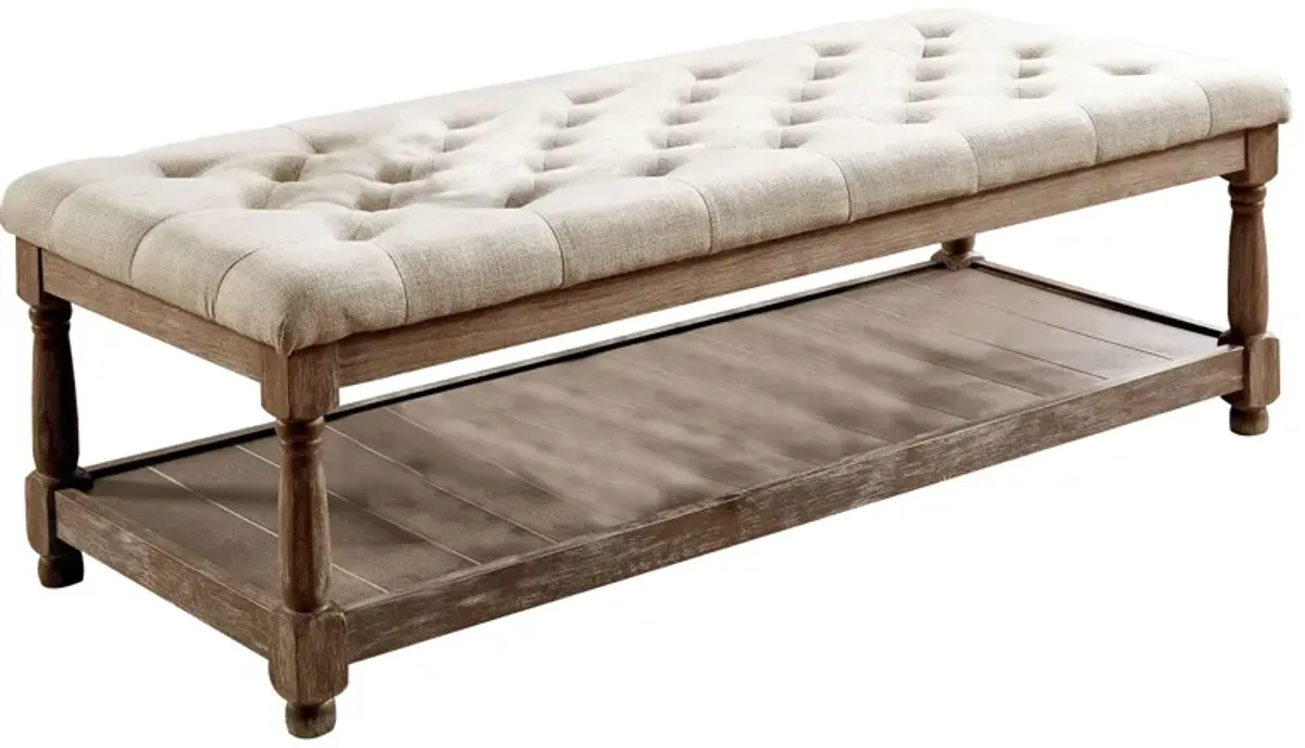 Button Tufted Fabric Upholstered Bench with Bottom Shelf, Beige and Brown-Benzara