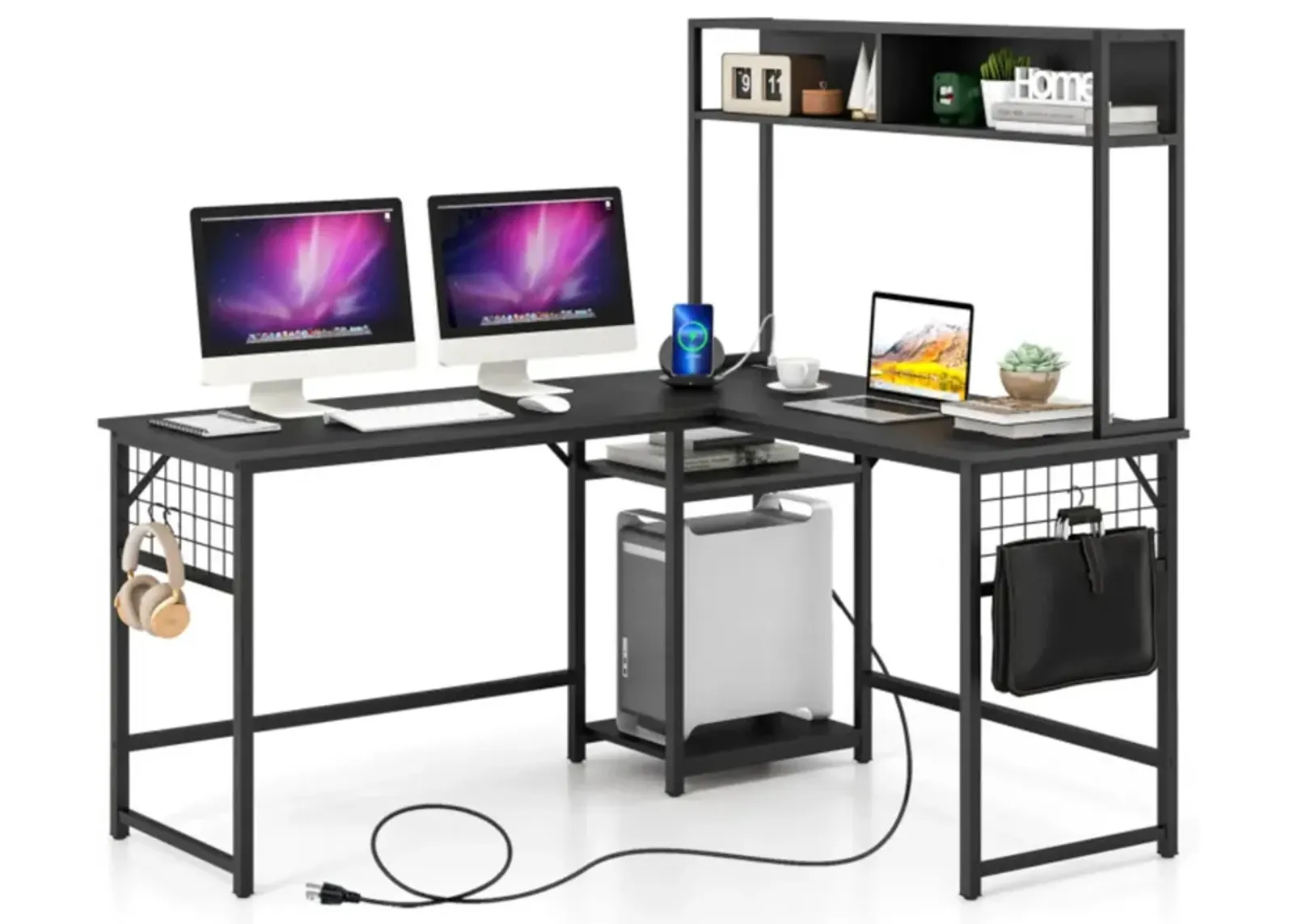 Hivvago L-shaped Desk with Power Outlet Hutch