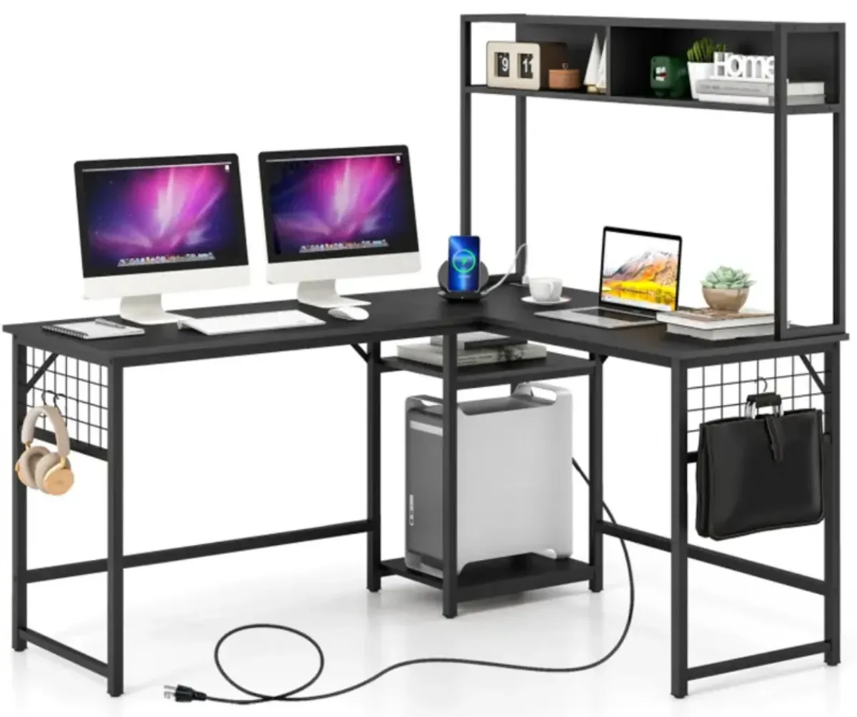 Hivvago L-shaped Desk with Power Outlet Hutch