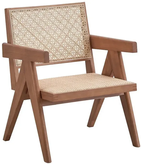 Tina 26 Inch Accent Armchair, Woven Rattan, Natural Brown Wood Finish - Benzara