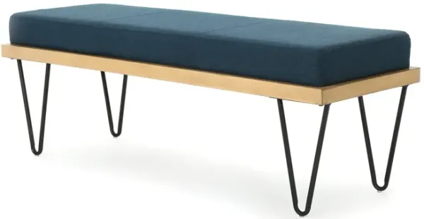 Sinu Accent Bench, Navy Blue, Brown Wood, Black Hairpin Legs, 47 Inch -Benzara