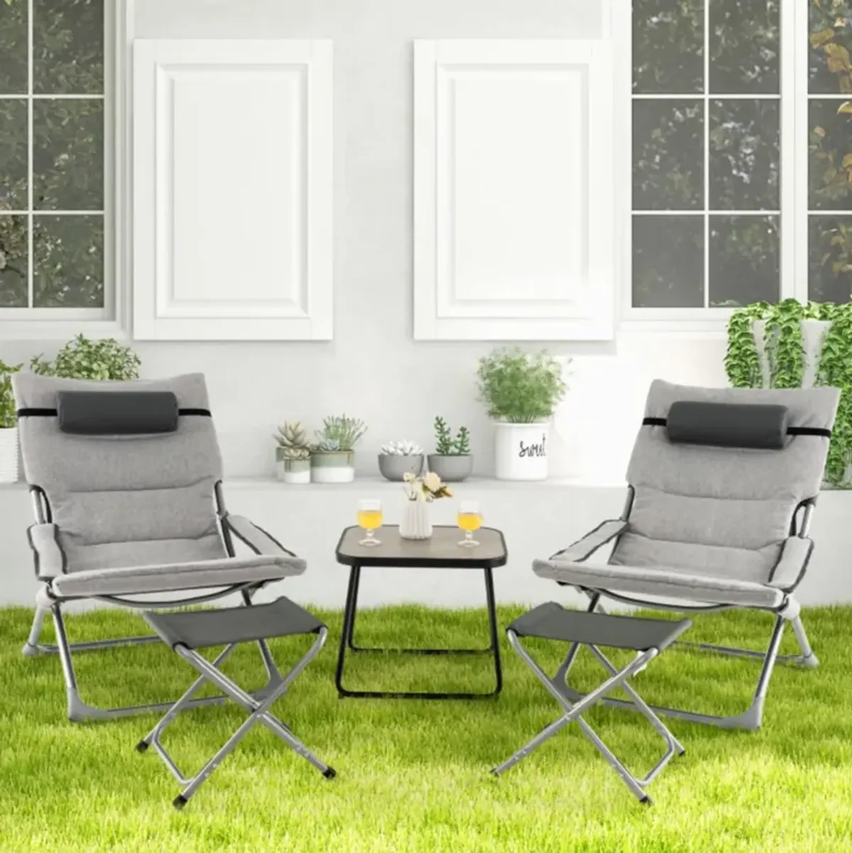 Hivvago 5-Piece Patio Sling Chair Set Folding Lounge Chairs with Footrests and Coffee Table-Gray