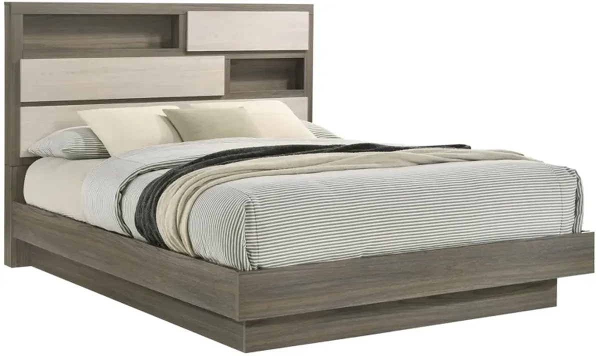 Fene California King Bed, Bookcase Headboard, Gray, Hidden Storage - Benzara