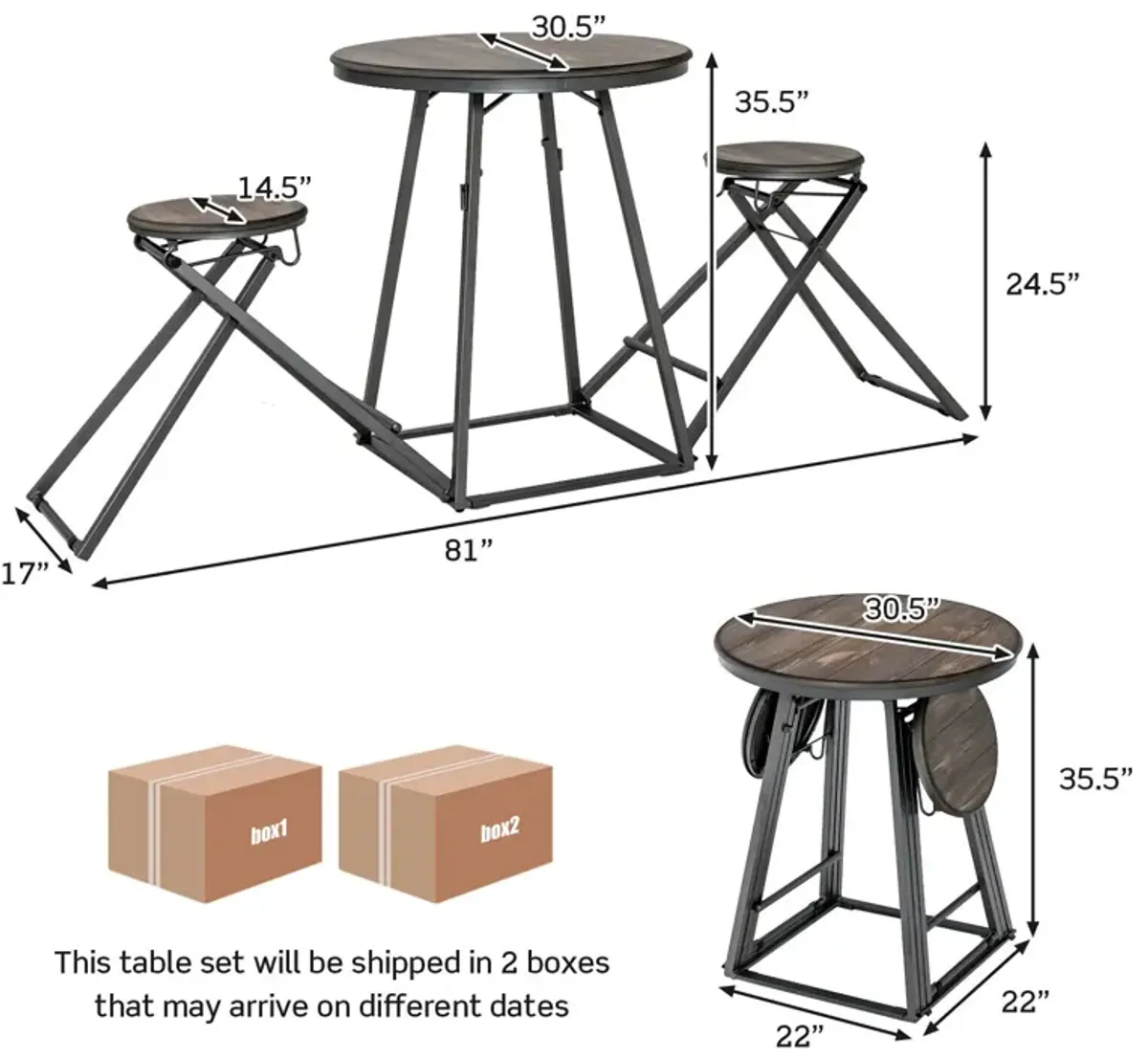 3 Pieces Dining Table Set with 2 Foldable Stools for Small Space-Grey