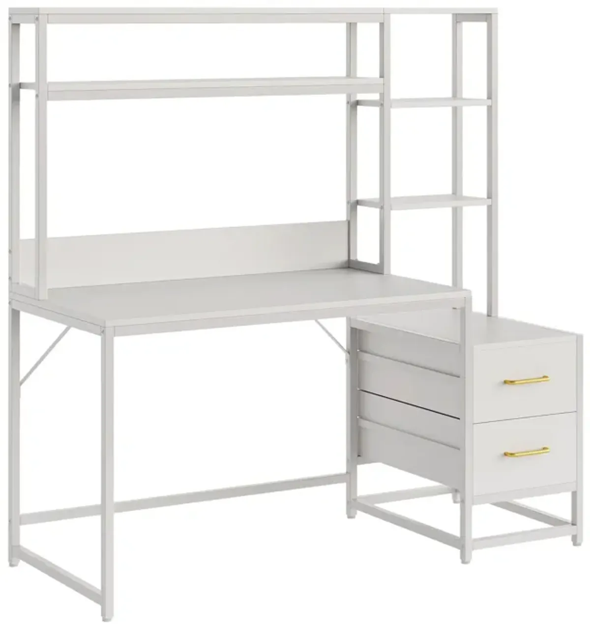 Computer Desk, 2 Drawers, Open Shelf Hutch, White Metal, 60 Inch - Benzara