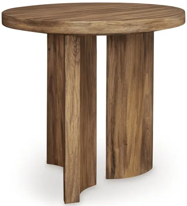 Anny Side End Table, Round Curved Plinth 24 Inch Warm Brown Oak Veneer - Benzara