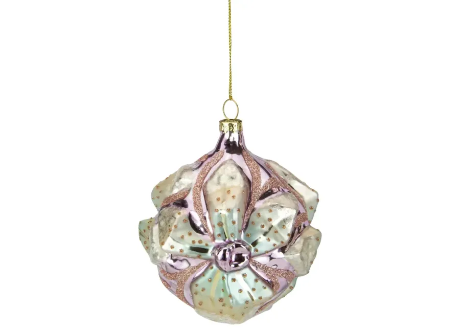 4.25" Green Flowers on Pink Glass Christmas Ornament