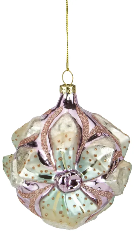 4.25" Green Flowers on Pink Glass Christmas Ornament