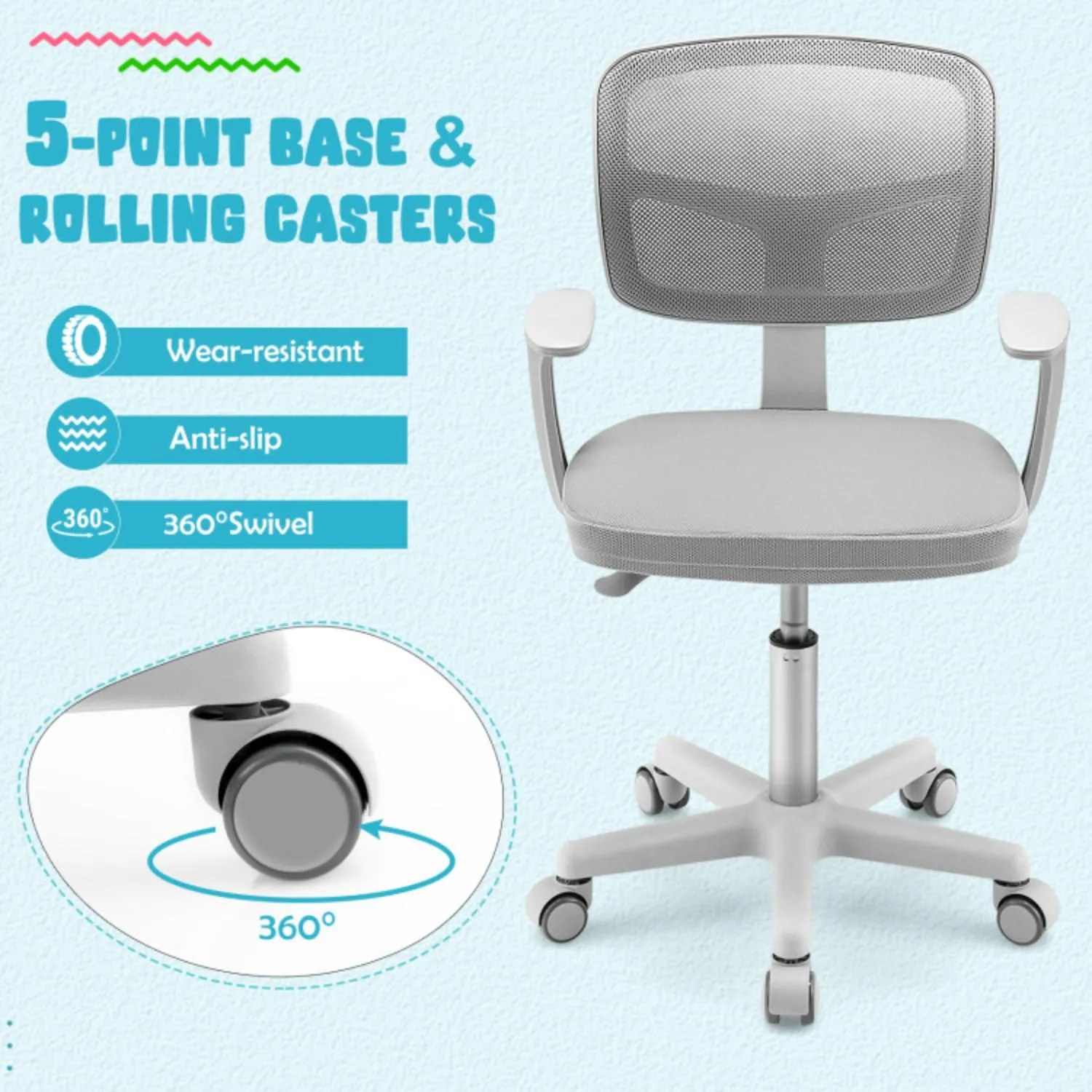 Hivvago Adjustable Desk Chair with 5 Rolling Universal Casters for Kids