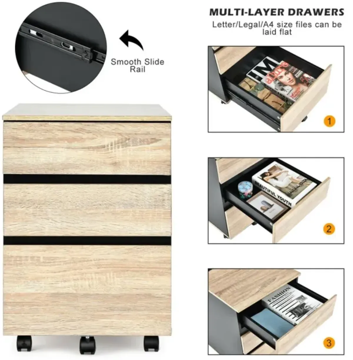 Hivvago 3-Drawer Mobile File Cabinet for Home Office