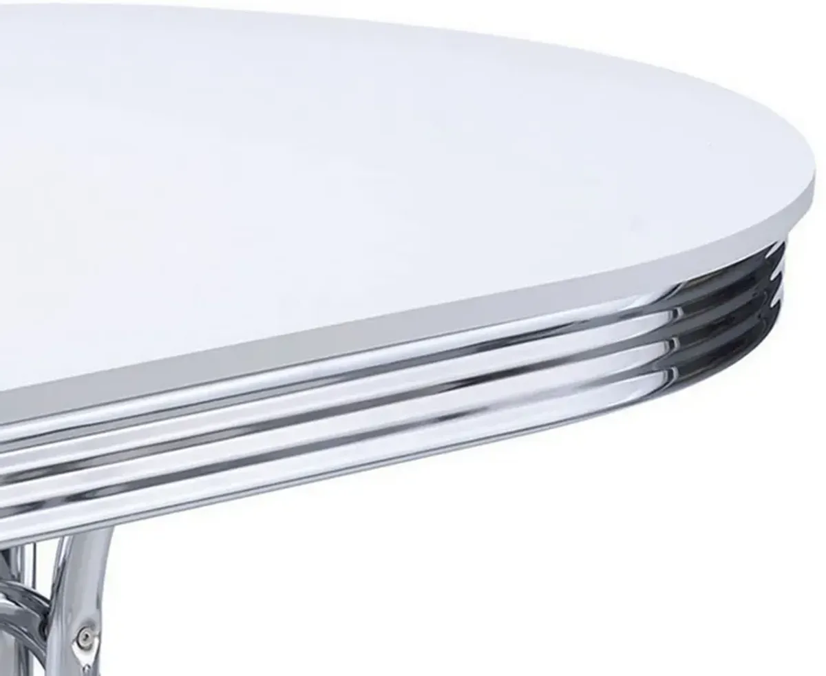 Loy 60 Inch Oval Dining Table, Glossy White Wood Top, Ribbed Chrome Apron - Benzara