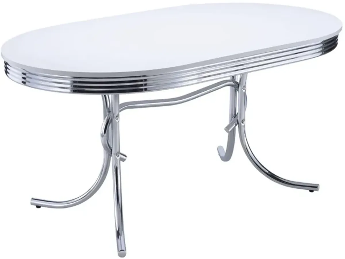 Loy 60 Inch Oval Dining Table, Glossy White Wood Top, Ribbed Chrome Apron - Benzara