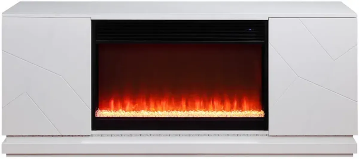 Lay 71 Inch TV Console with Fireplace, Speaker, LED, Cabinets, White Wood - Benzara
