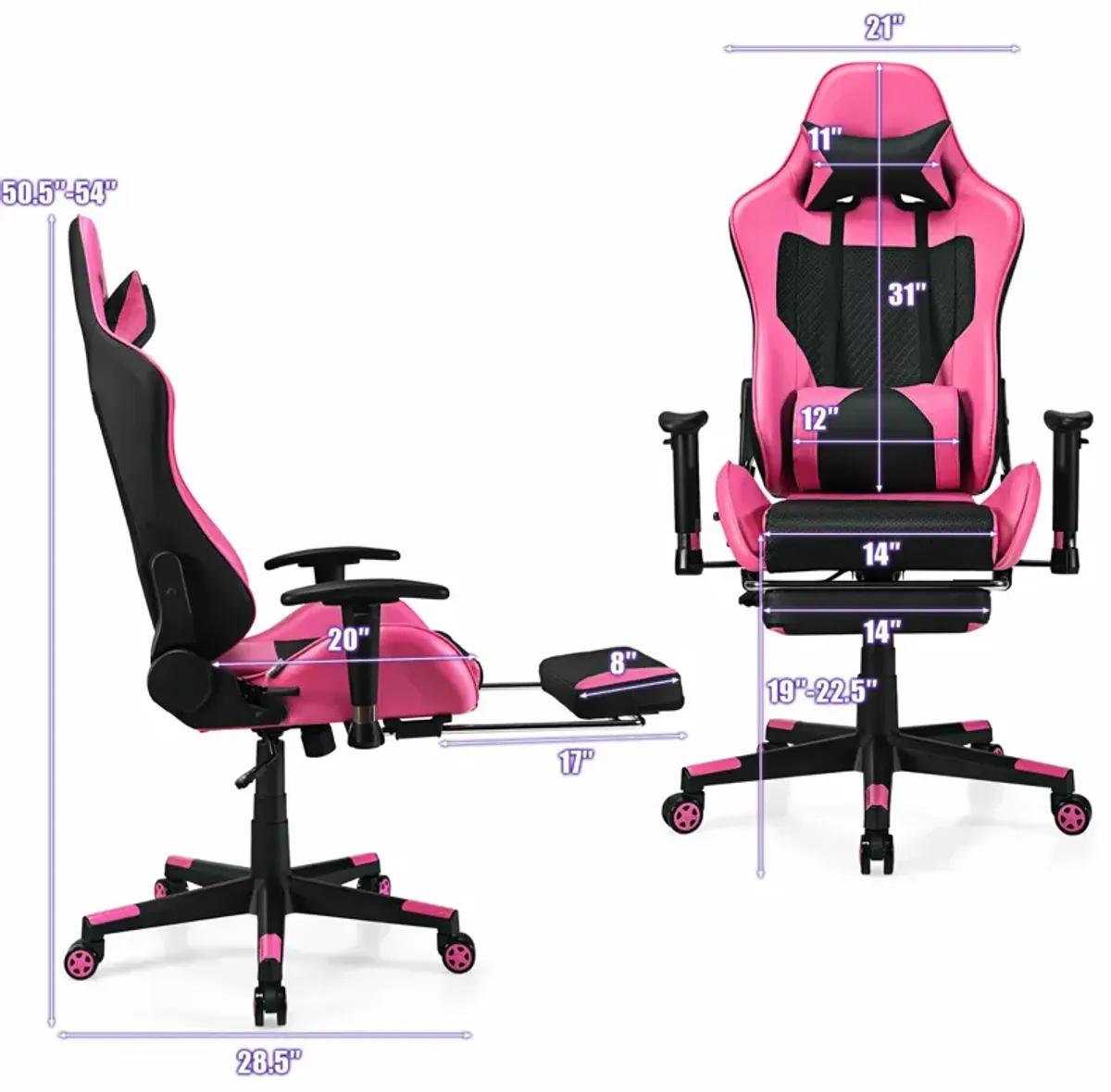 Costway Gaming Chair  Massage  Reclining  Racing Office Computer Chair with Footrest Pink