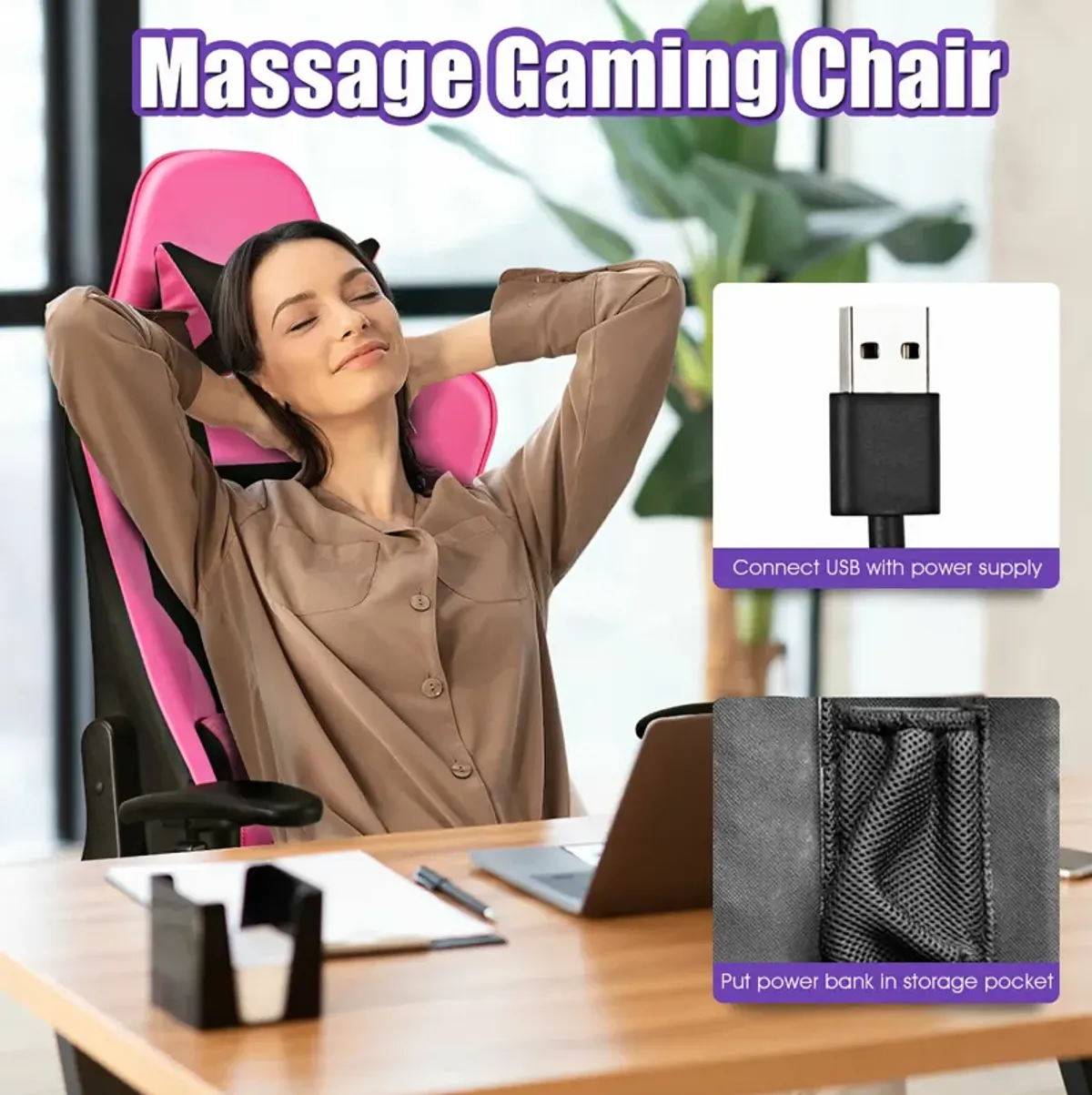 Costway Gaming Chair  Massage  Reclining  Racing Office Computer Chair with Footrest Pink