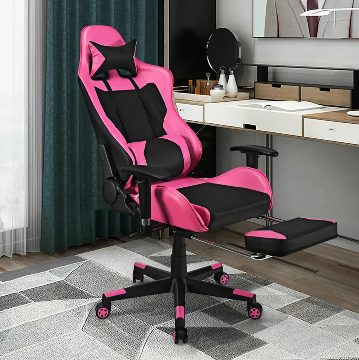 Costway Gaming Chair  Massage  Reclining  Racing Office Computer Chair with Footrest Pink