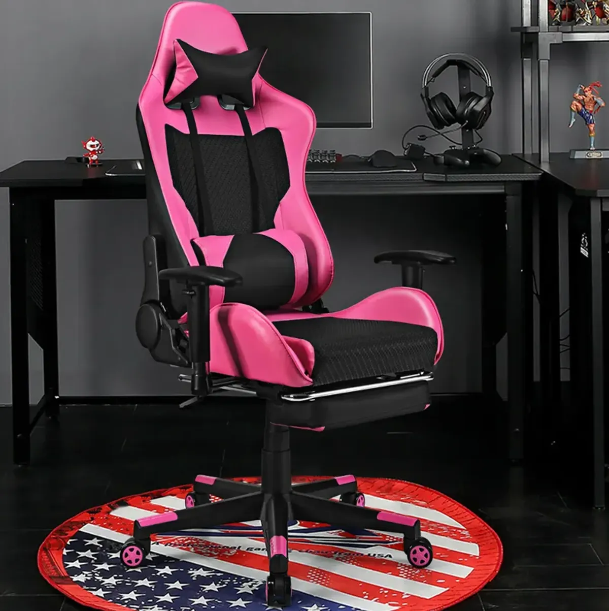 Costway Gaming Chair  Massage  Reclining  Racing Office Computer Chair with Footrest Pink