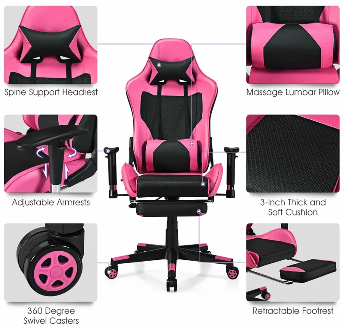 Costway Gaming Chair  Massage  Reclining  Racing Office Computer Chair with Footrest Pink