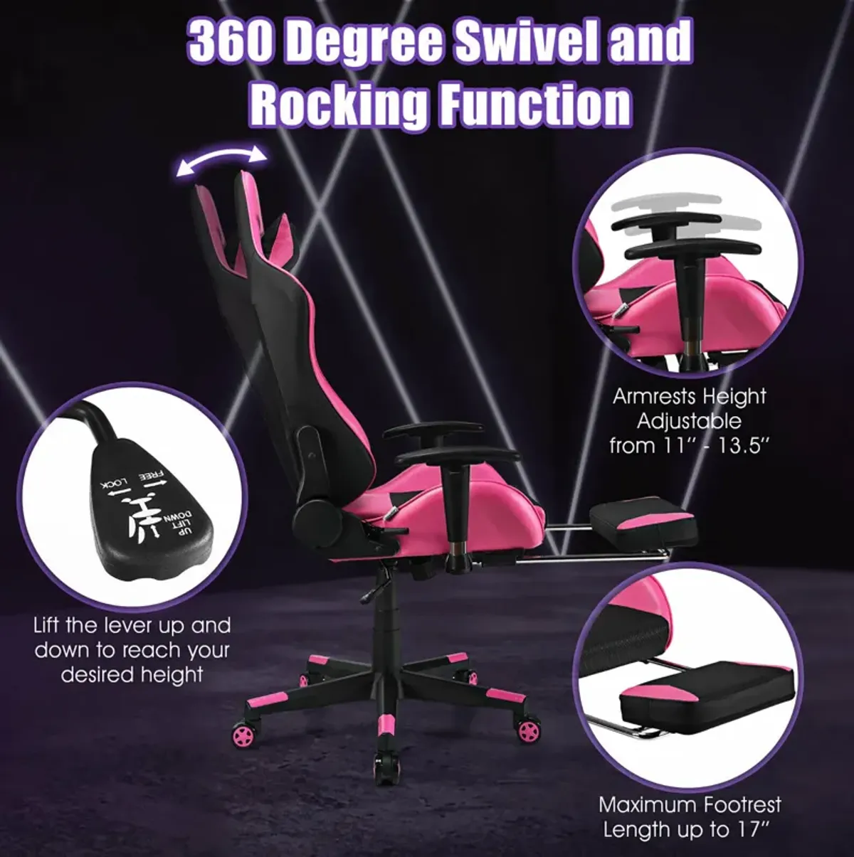 Costway Gaming Chair  Massage  Reclining  Racing Office Computer Chair with Footrest Pink