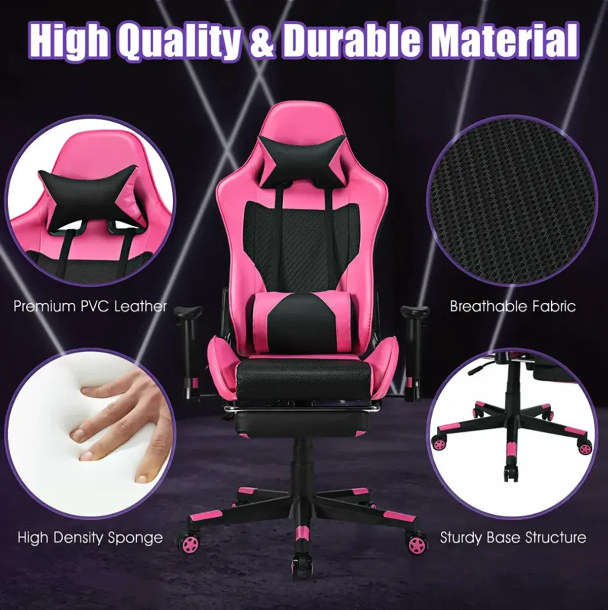 Costway Gaming Chair  Massage  Reclining  Racing Office Computer Chair with Footrest Pink