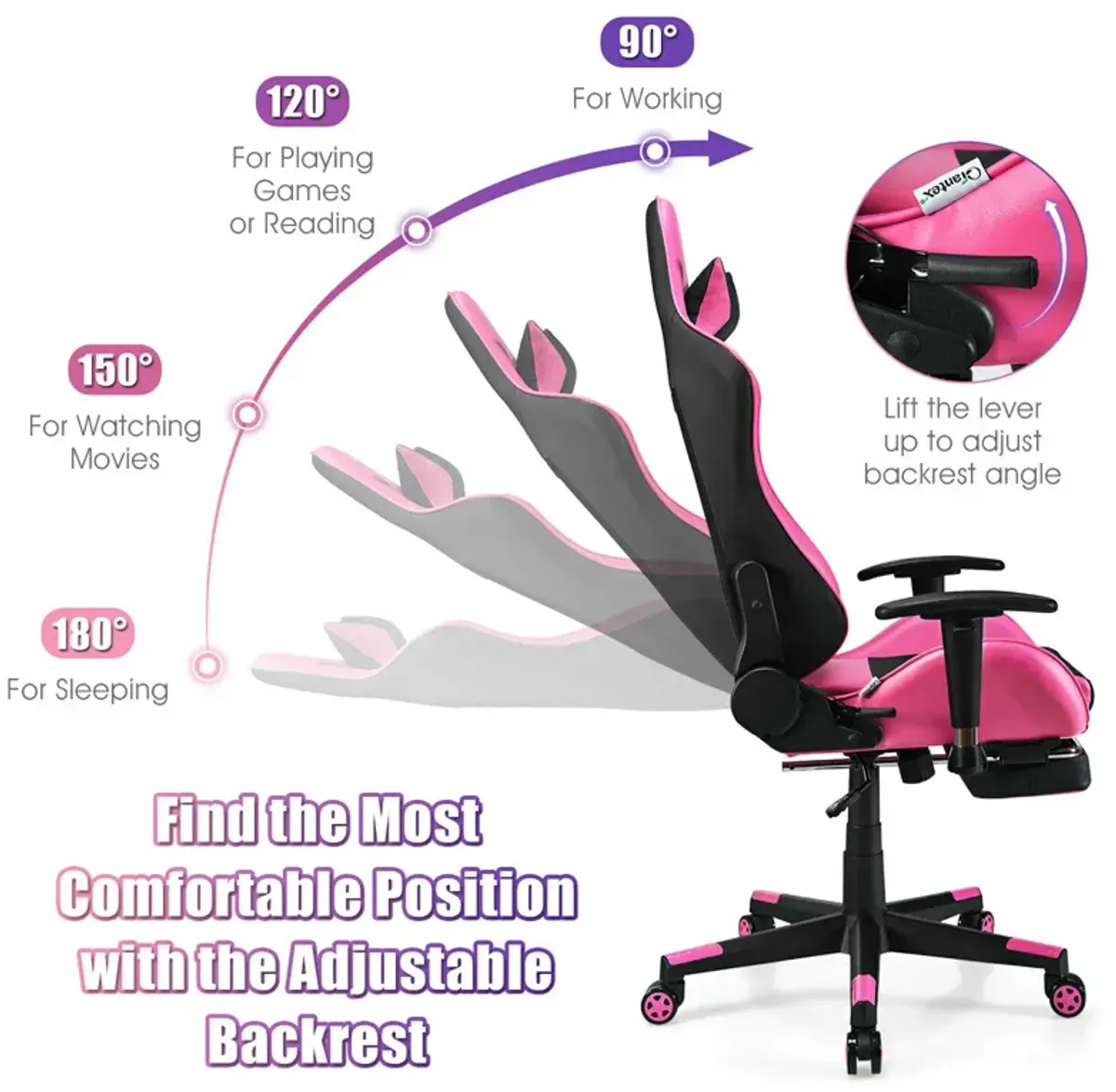 Costway Gaming Chair  Massage  Reclining  Racing Office Computer Chair with Footrest Pink