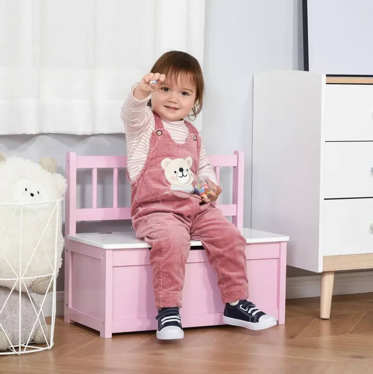 Kids 2-in-1 Wooden Toy Storage Box Seat Bench Storage Chest w/ Pneumatic Rod