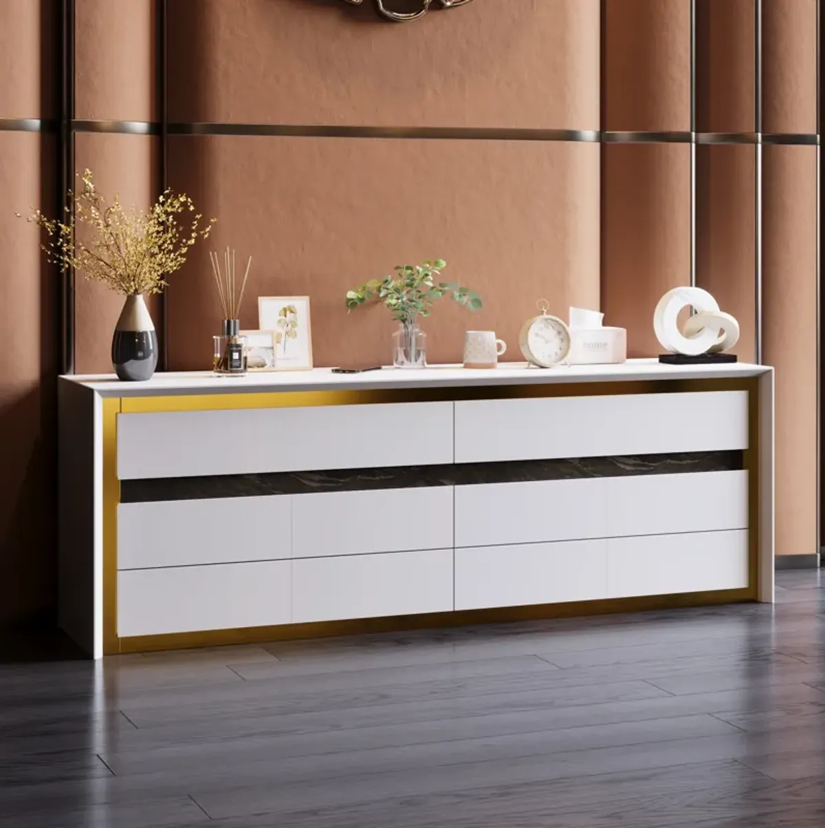 FUFU&GAGA 68.9" Modern Dresser with 6 Drawers,  (68.9" W x 15.7" D x 23.6"H), White