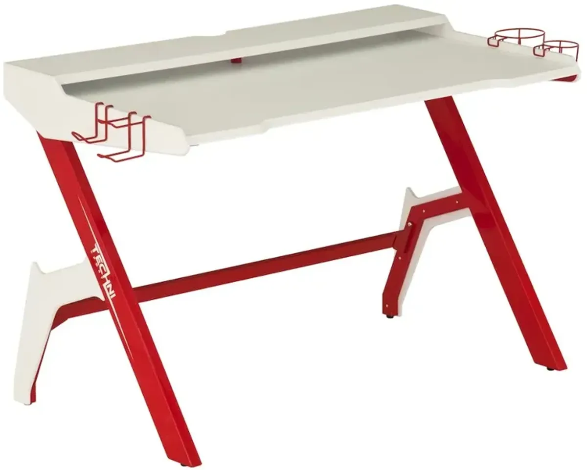 Techni Sport Ergonomic Computer Gaming Desk, Cupholder & Headphone Hook, Red