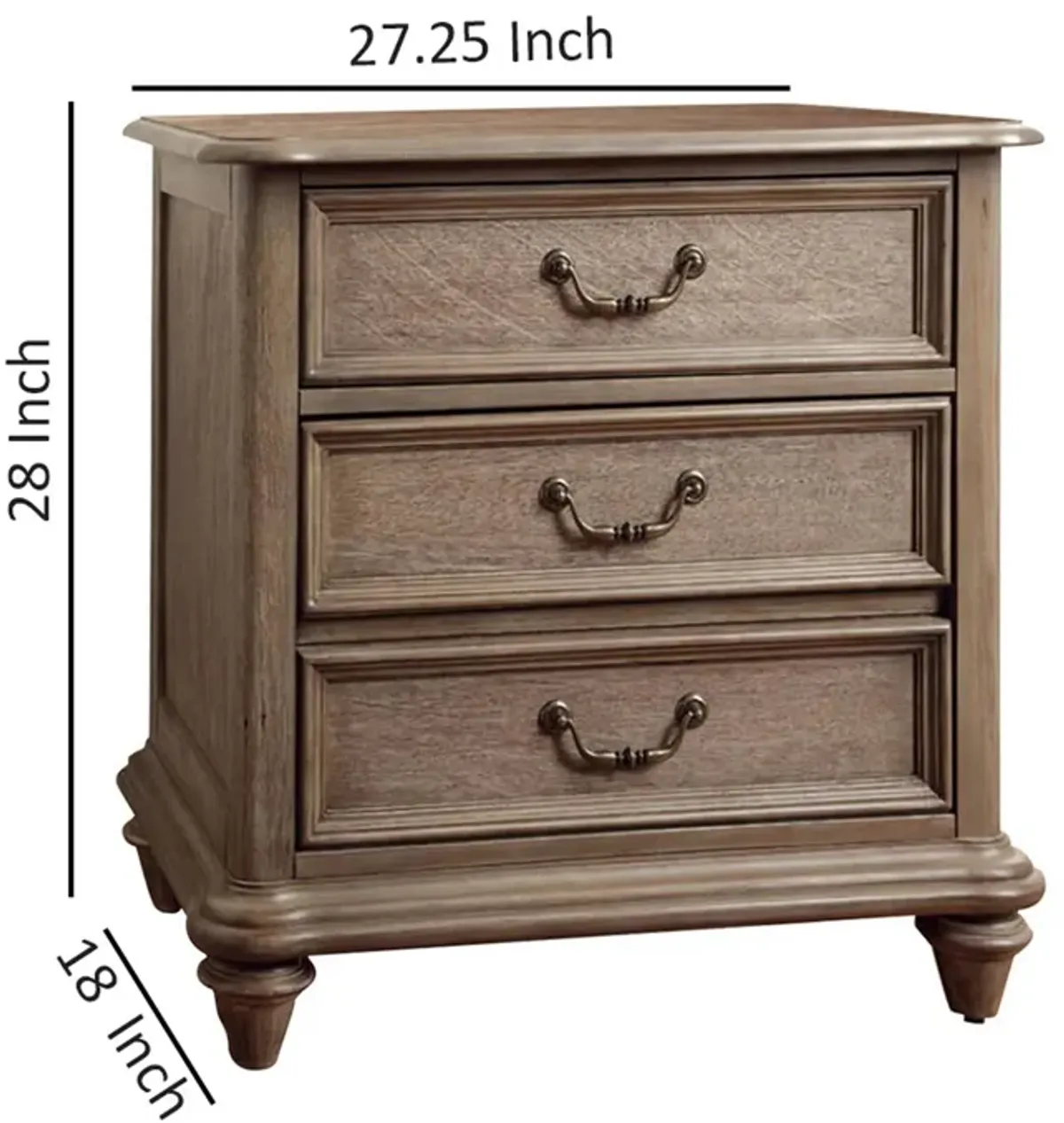 3 Drawer Wooden Nightstand with Grain Details, Beige-Benzara