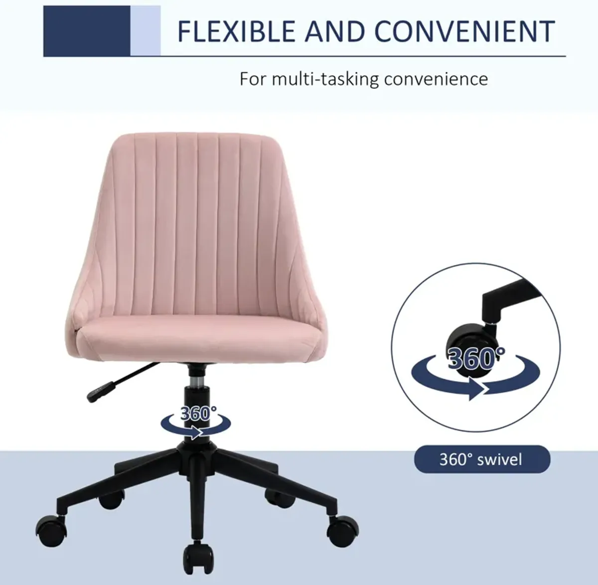 Pink Office Elegance: Velvet Swivel Mid-Back Chair with Scallop Design