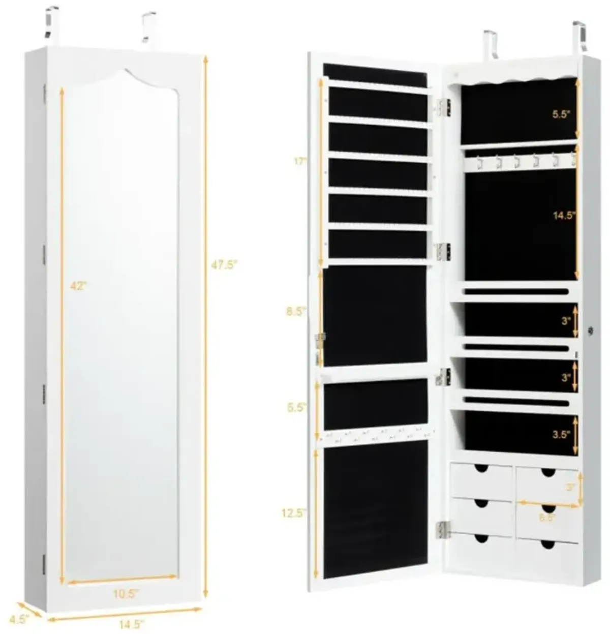 Hivvago Lockable Wall Mounted Mirror Jewelry Armoire with 5 LEDs and 6 Drawers