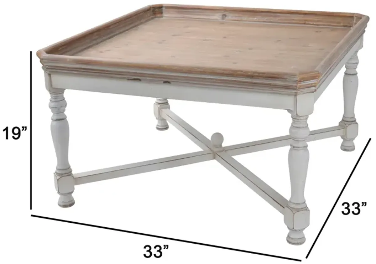 Fin 33 Inch Coffee Table, Tray Top, Rustic Fir Wood, Antique White, Brown-Benzara