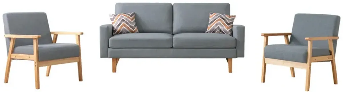 Gala 3 Piece Sofa and Chairs Set, Light Gray Fabric, 2 Pillows, Brown Wood-Benzara