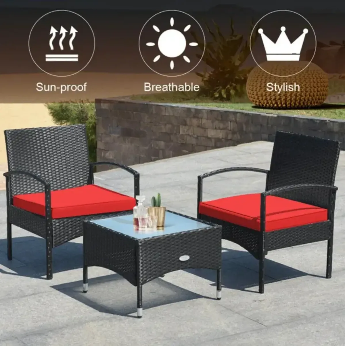 Hivvago 3 Pieces Patio Wicker Rattan Furniture Set with Cushions for Lawn Backyard