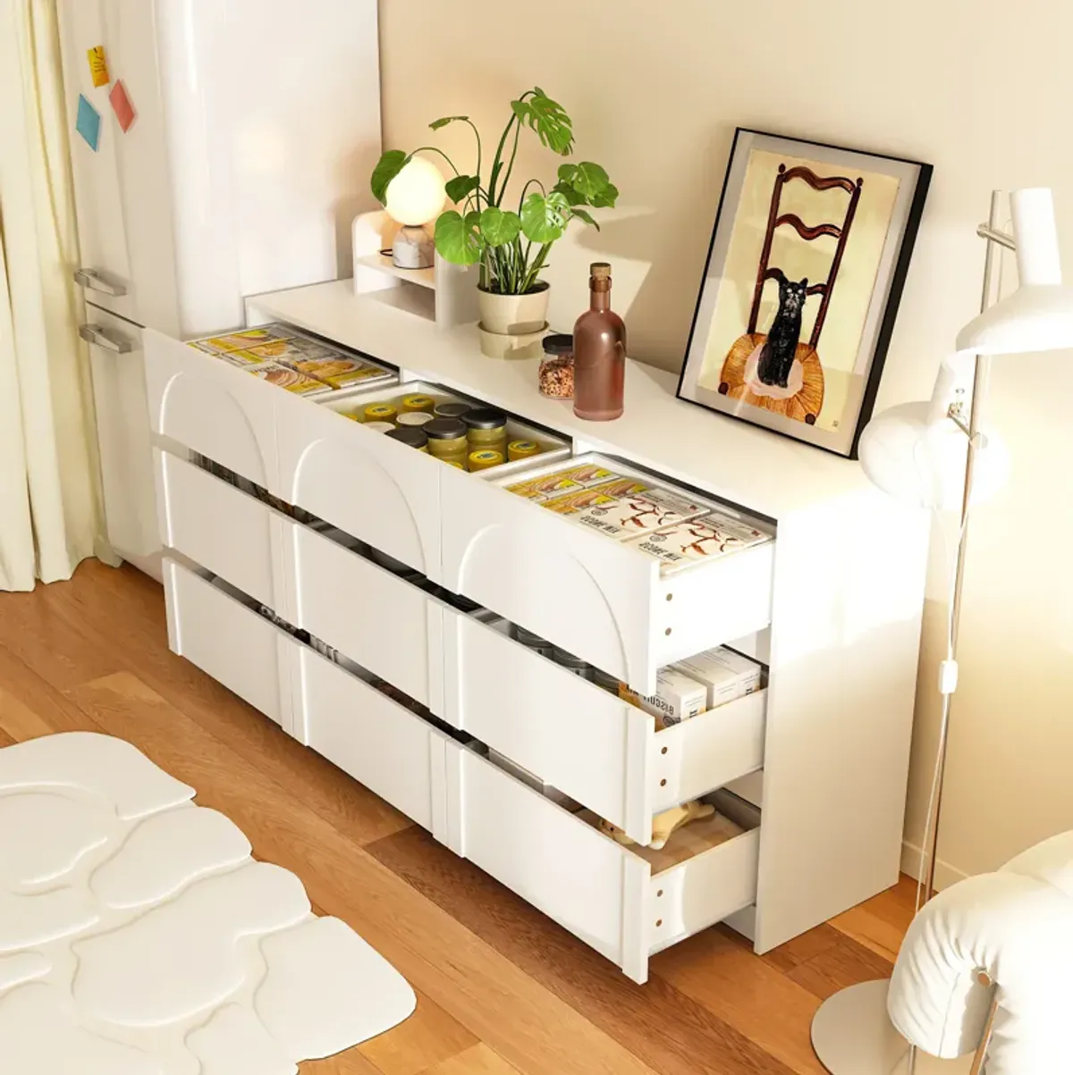 FUFU&GAGA Modern 9-Drawer Dresser with Arch Design and Storage Drawers, Wide Storage Cabinet for Bedroom, Living Room (63" W x 13.7" D x 31.5" H),White