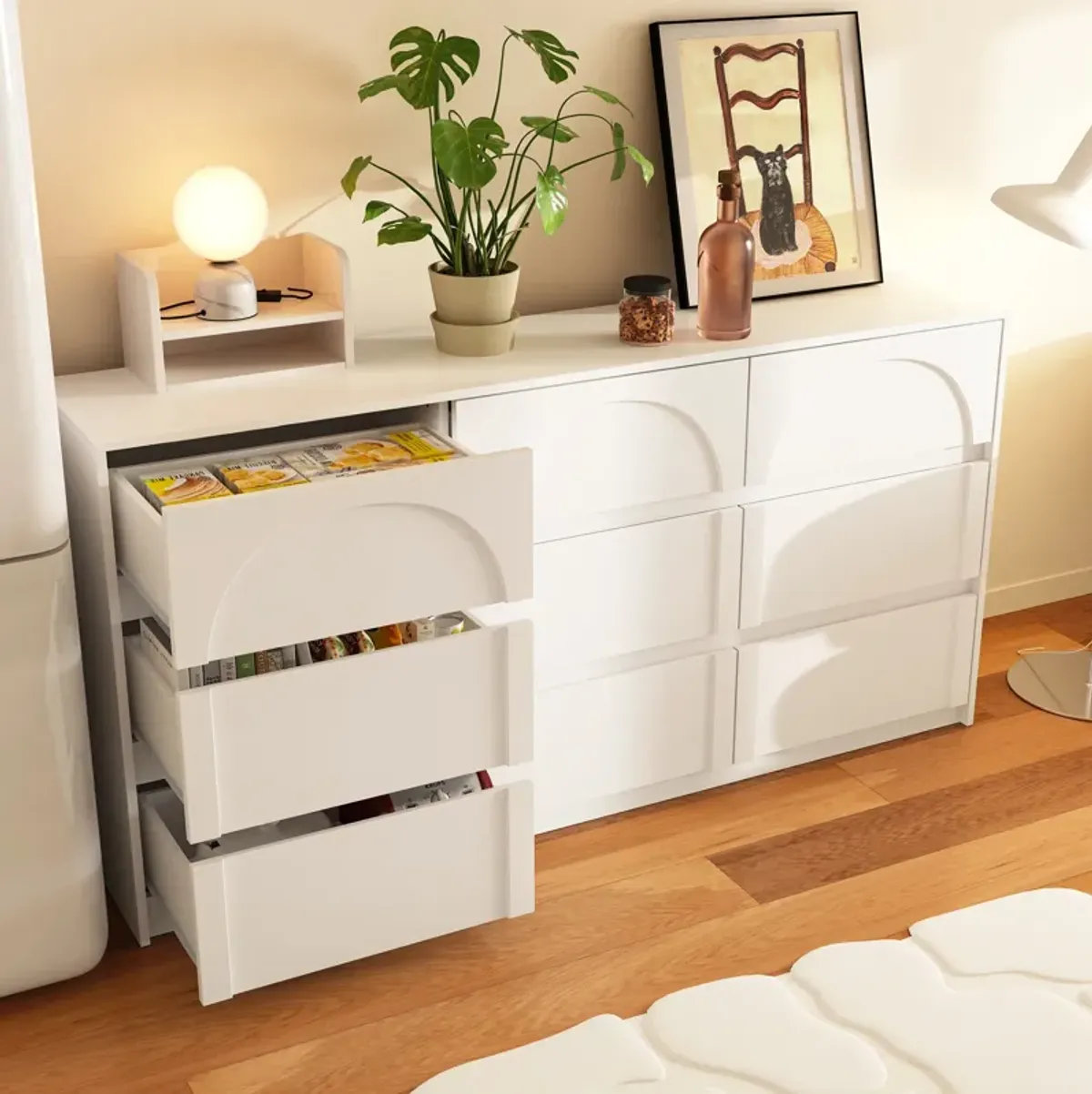 FUFU&GAGA Modern 9-Drawer Dresser with Arch Design and Storage Drawers, Wide Storage Cabinet for Bedroom, Living Room (63" W x 13.7" D x 31.5" H),White