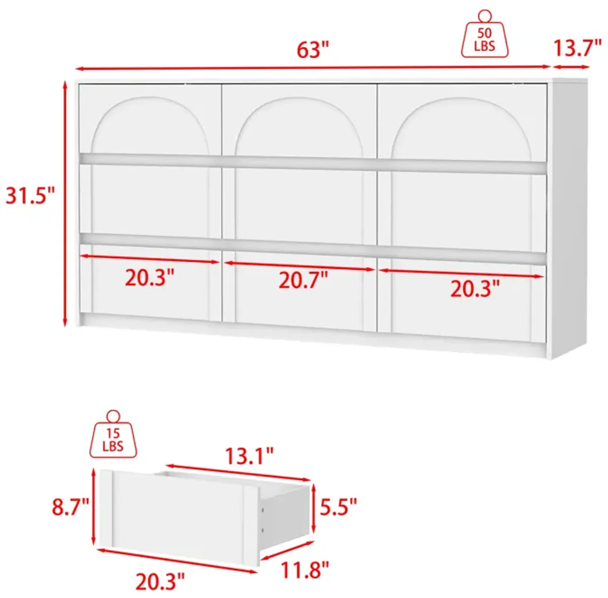 FUFU&GAGA Modern 9-Drawer Dresser with Arch Design and Storage Drawers, Wide Storage Cabinet for Bedroom, Living Room (63" W x 13.7" D x 31.5" H),White