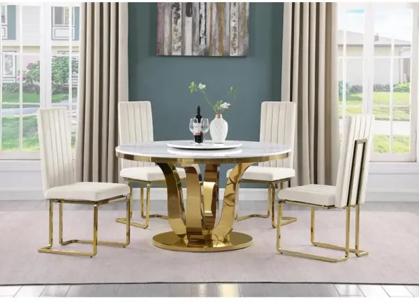 5pc White marble round dining set with gold base and 4 Cream side chairs