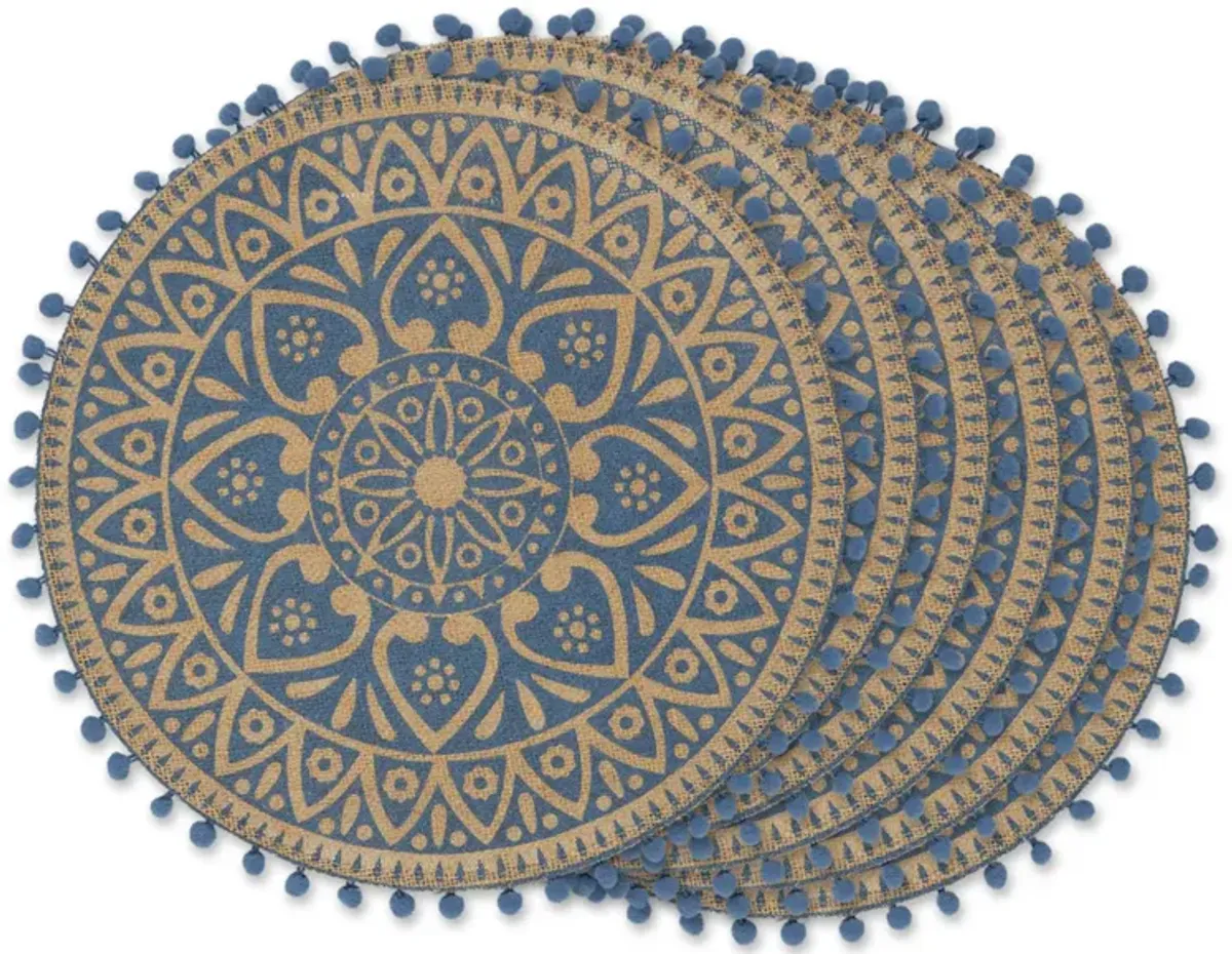 Set of 6 Blue and Beige Block Print Round Outdoor Placemats 15"